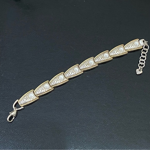 Retired Vintage BRIGHTON 2-tone Gold & Silver Rhinestone Ornate Link Bracelet - Picture 7 of 16